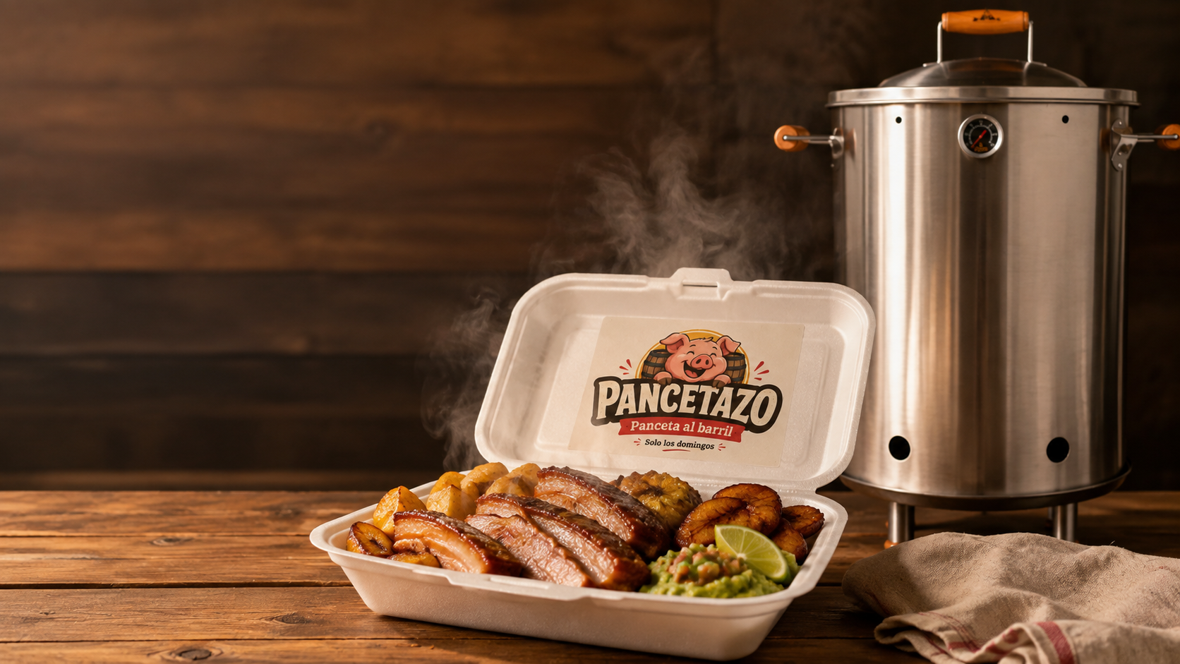 Bandeja de Pancetazo en empaque de icopor con barril de acero al fondo